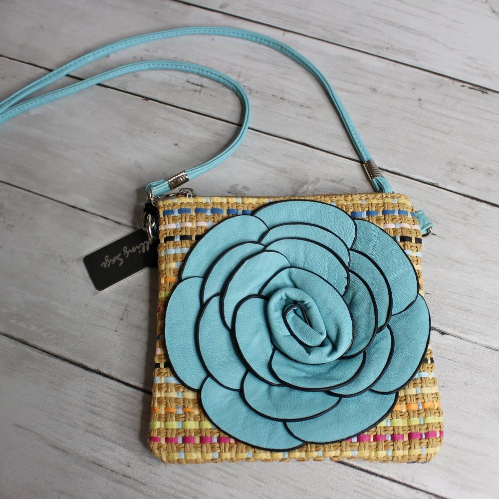Vintage Crossbody Shoulder Bag Blue Tan Woven